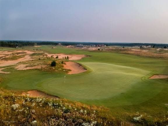 Elevated view of a Sand Valley green surrounded by sand dunes and waste areas
